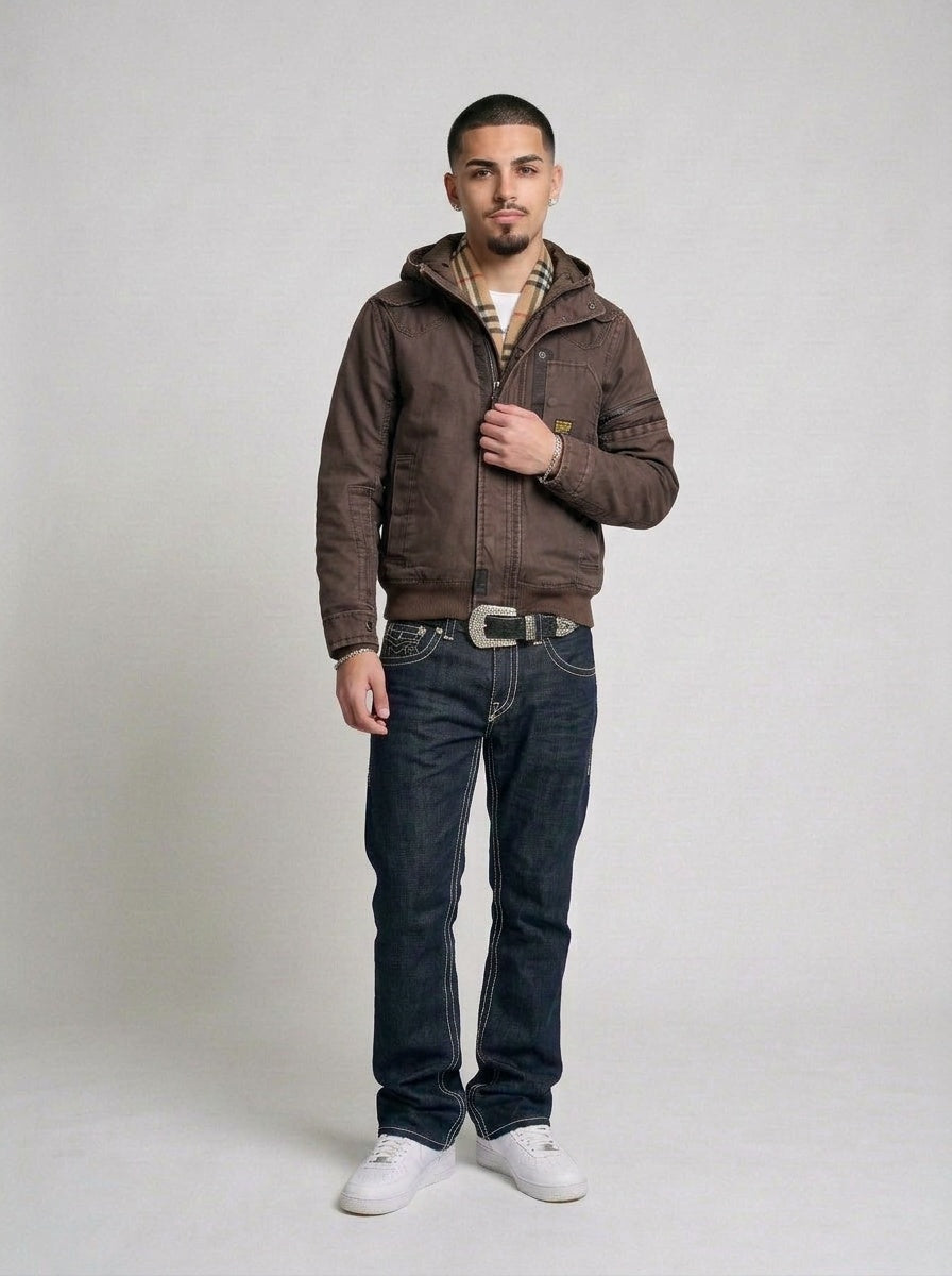 G-Star Raw Waxed Denim Jacke braun getragen – Fit am Model