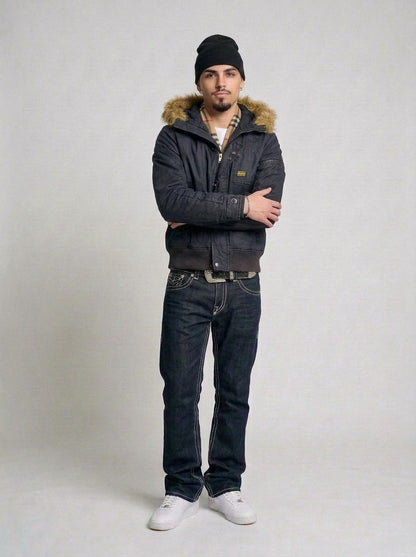 G-Star Wax Denim Fur Jacke navy getragen – Fit am Model