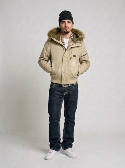 G-Star Vintage Raw Waxed Fur Denim Jacke getragen – Fit am Model
