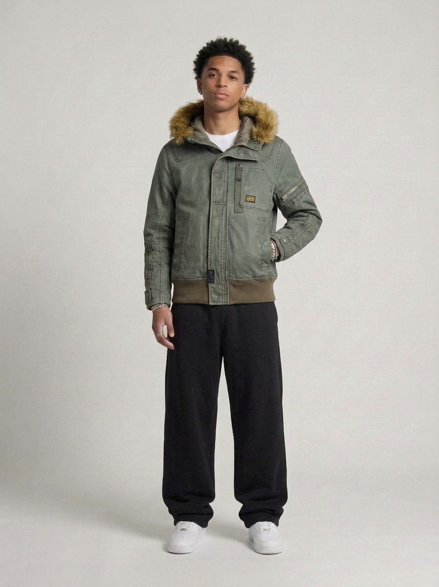G-Star Wax Denim Fur Jacke oliv getragen – Fit am Model