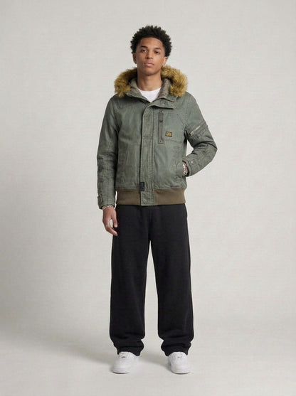 G-Star Wax Denim Fur Jacke oliv getragen – Fit am Model