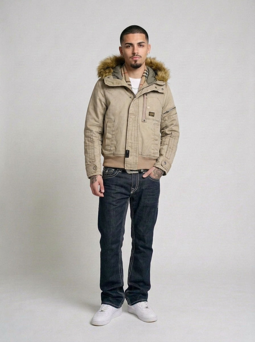 G-Star Raw Waxed Fur Denim Jacke beige getragen – Fit am Model