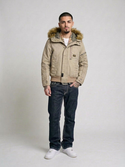 G-Star Raw Waxed Fur Denim Jacke beige getragen – Fit am Model