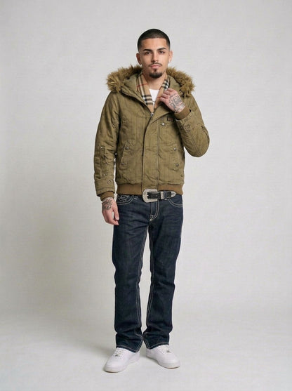 G-Star Raw Pattern Fur Denimjacke oliv getragen – Fit am Model