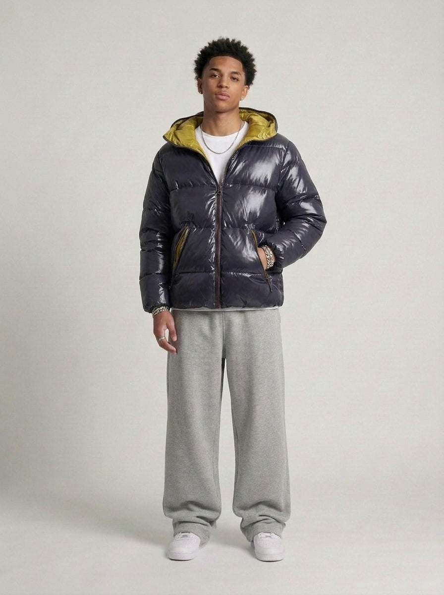 Duvetica Shiny Two-Tone Daunenjacke navy getragen – Fit am Model