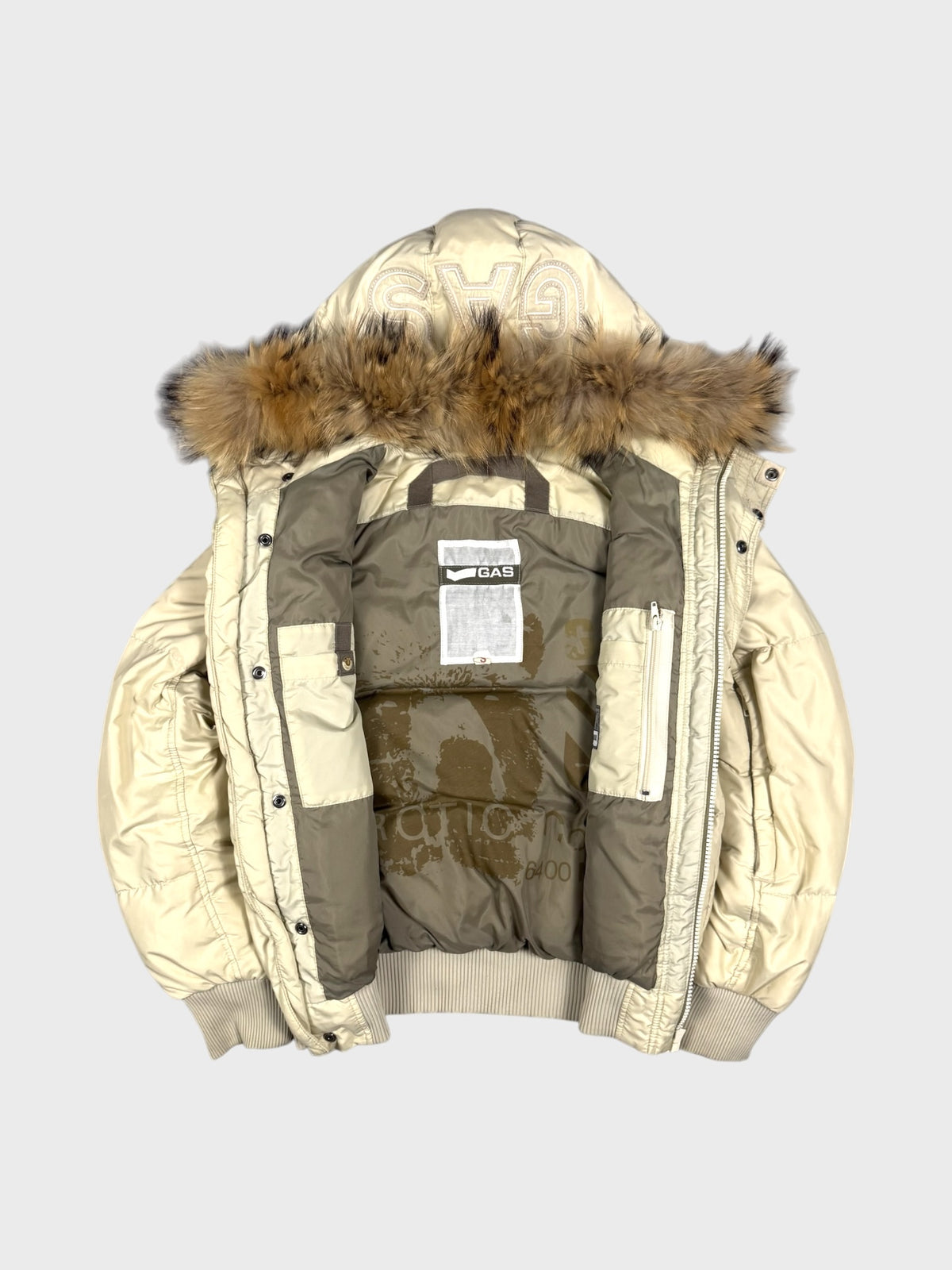 GAS Vintage Hood Stitched Fur Daunen Puffer Jacke Beige [S]