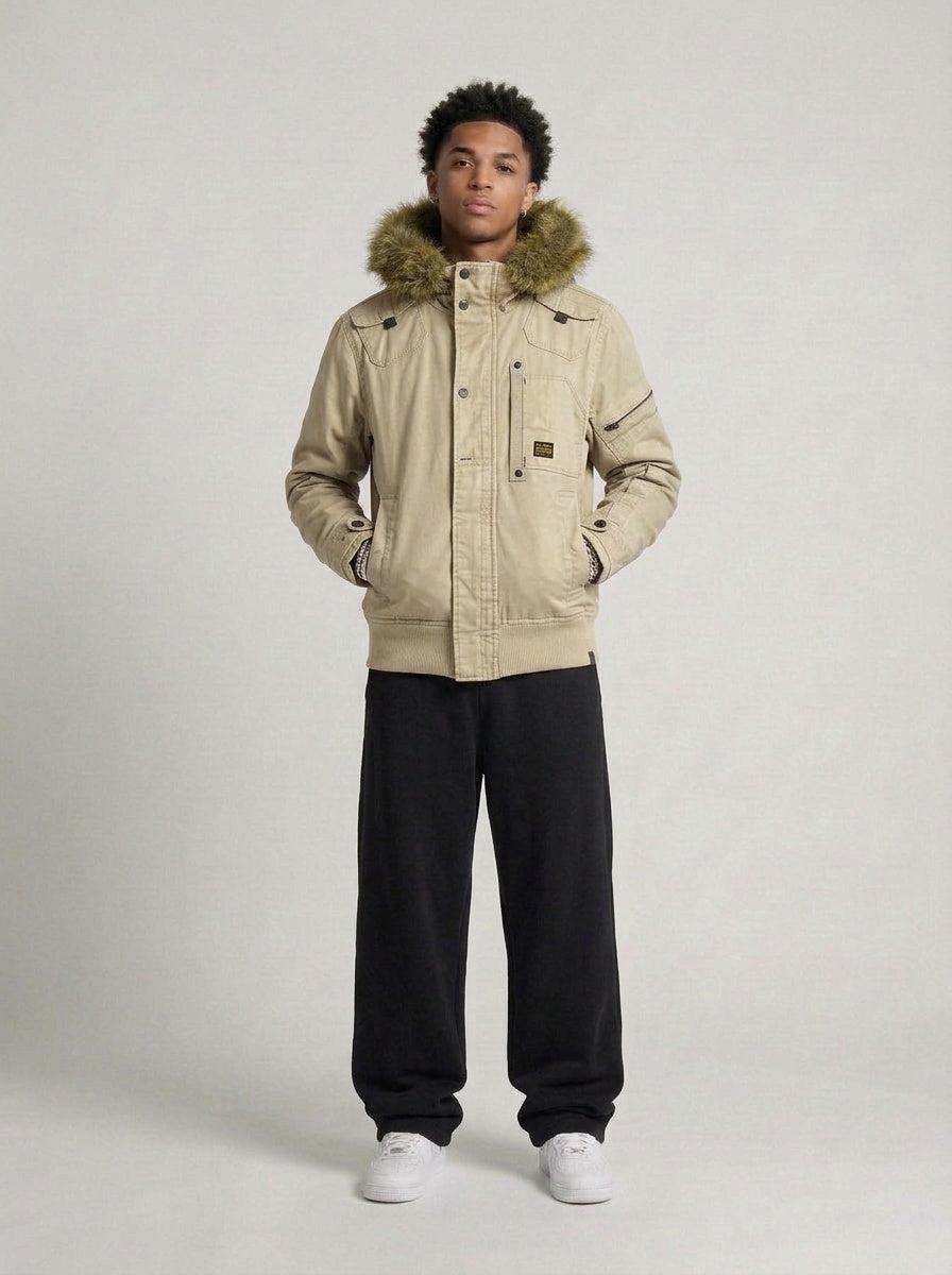 G-Star Raw Waxed Fur Denim Jacke beige getragen – Fit am Model
