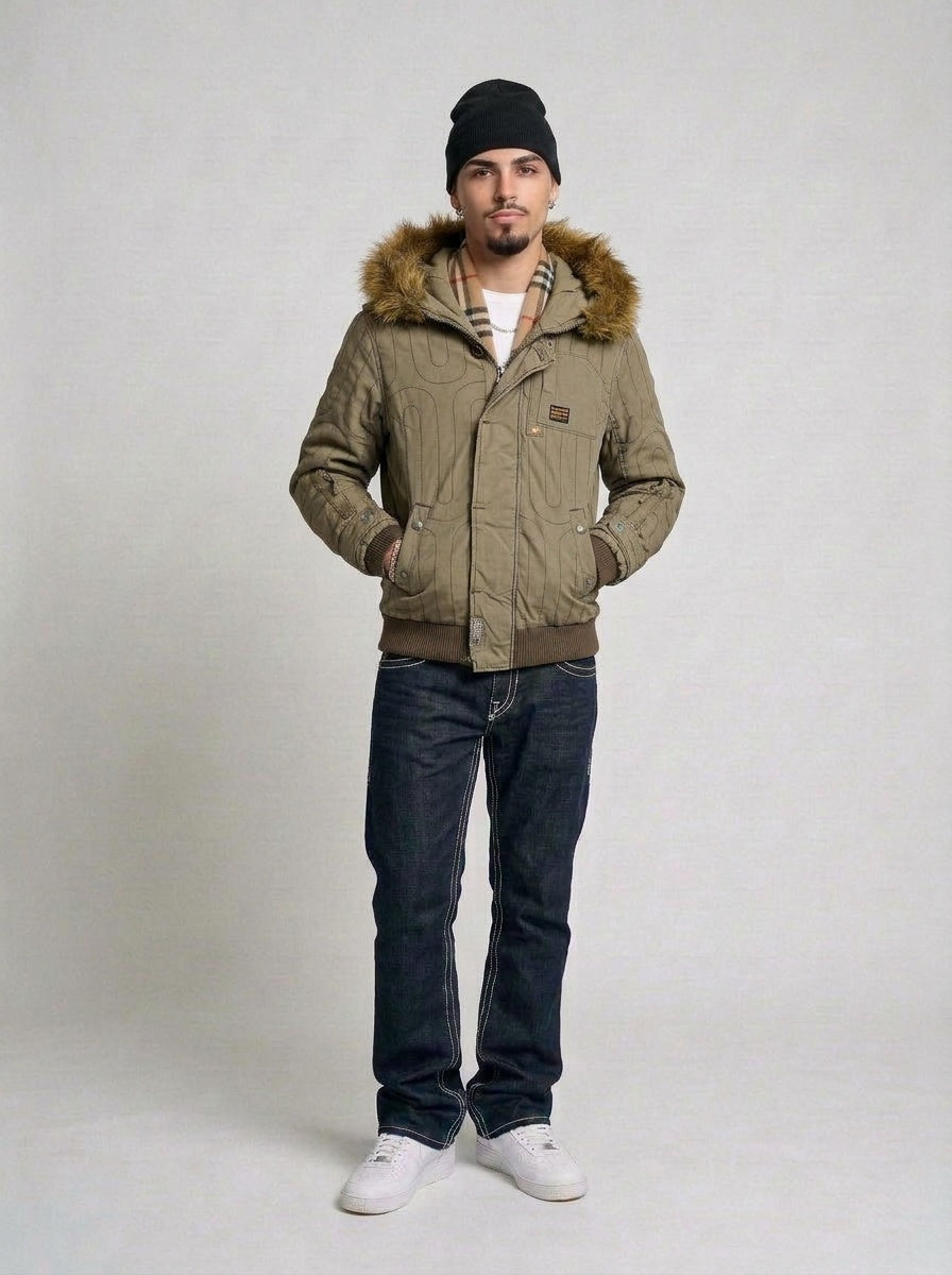 G-Star Raw Pattern Fur Denim Jacke oliv getragen – Fit am Model