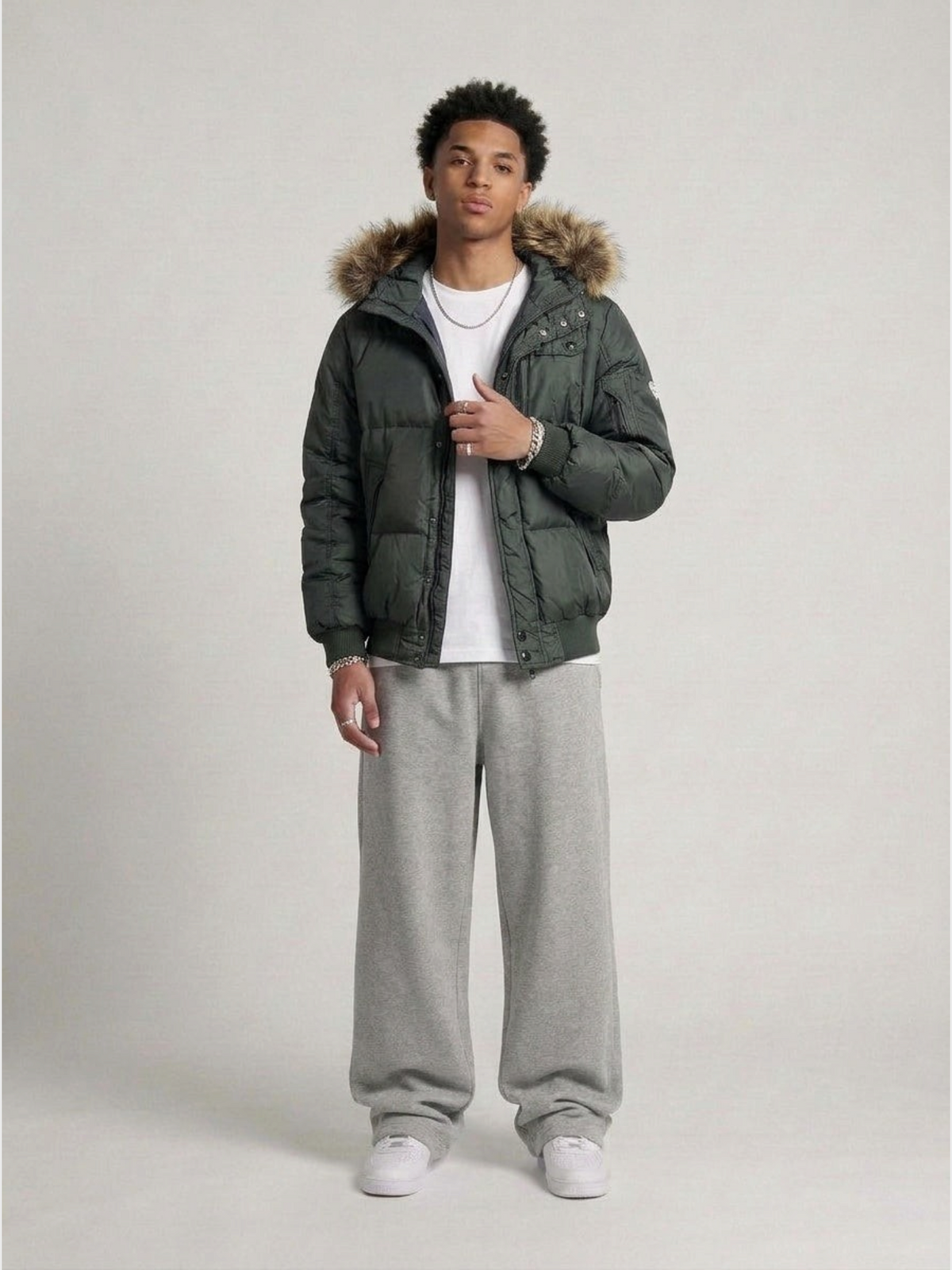 Gas Vintage Shimmer Fur Daunen Puffer Jacke getragen – Fit am Model