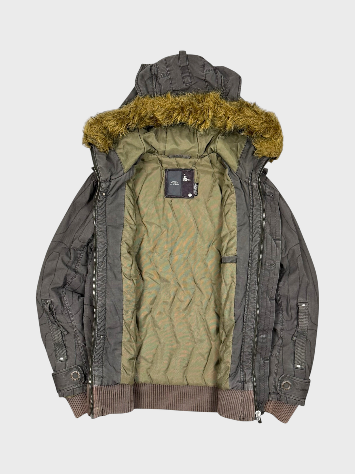 Vision Night G-Star Vintage Denimjacke in Grau mit Kapuze, Kunstfellbesatz und gestepptem Innenfutter