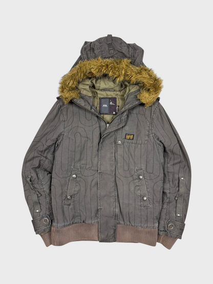 Vision Night G-Star Vintage Denimjacke in Grau mit gestepptem Muster, Kapuze mit Kunstfellbesatz und Rippbündchen