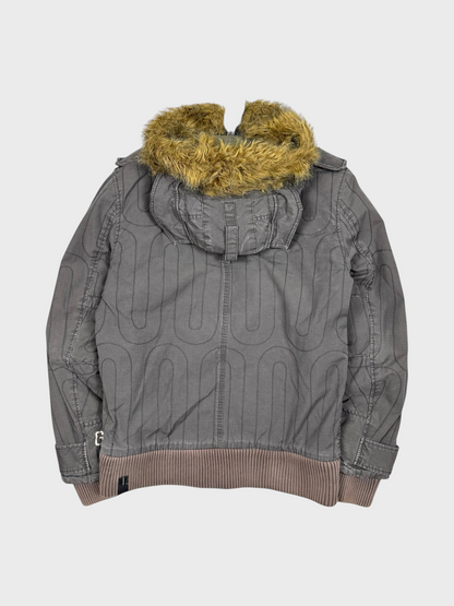 Vision Night G-Star Vintage Denimjacke in Grau mit gestepptem Muster, Kapuze und braunem Kunstfellbesatz