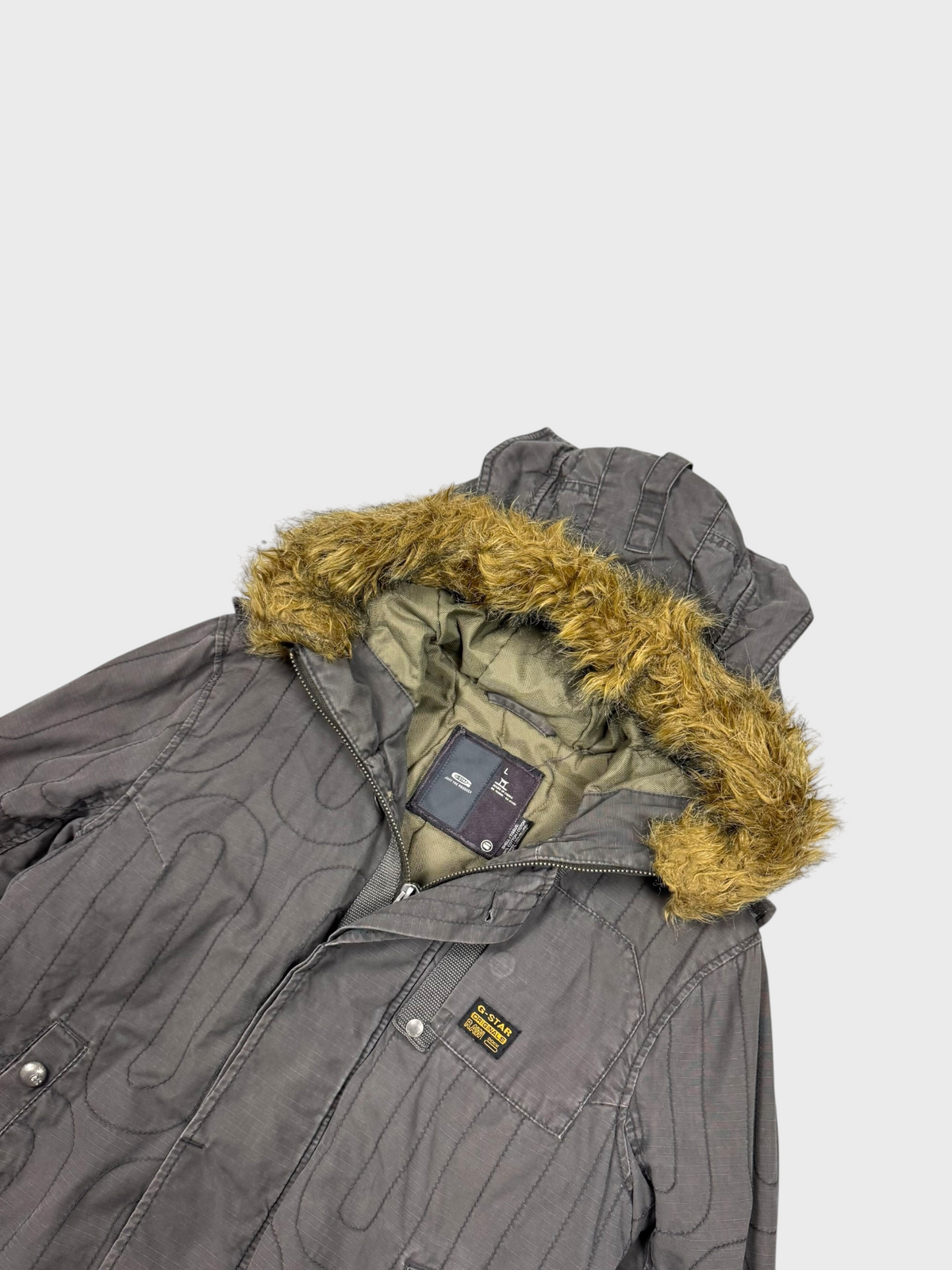 Vision Night Vintage G-Star Raw Denimjacke in Grau mit Kapuze und braunem Kunstfellbesatz im 00er-Jahre-Stil