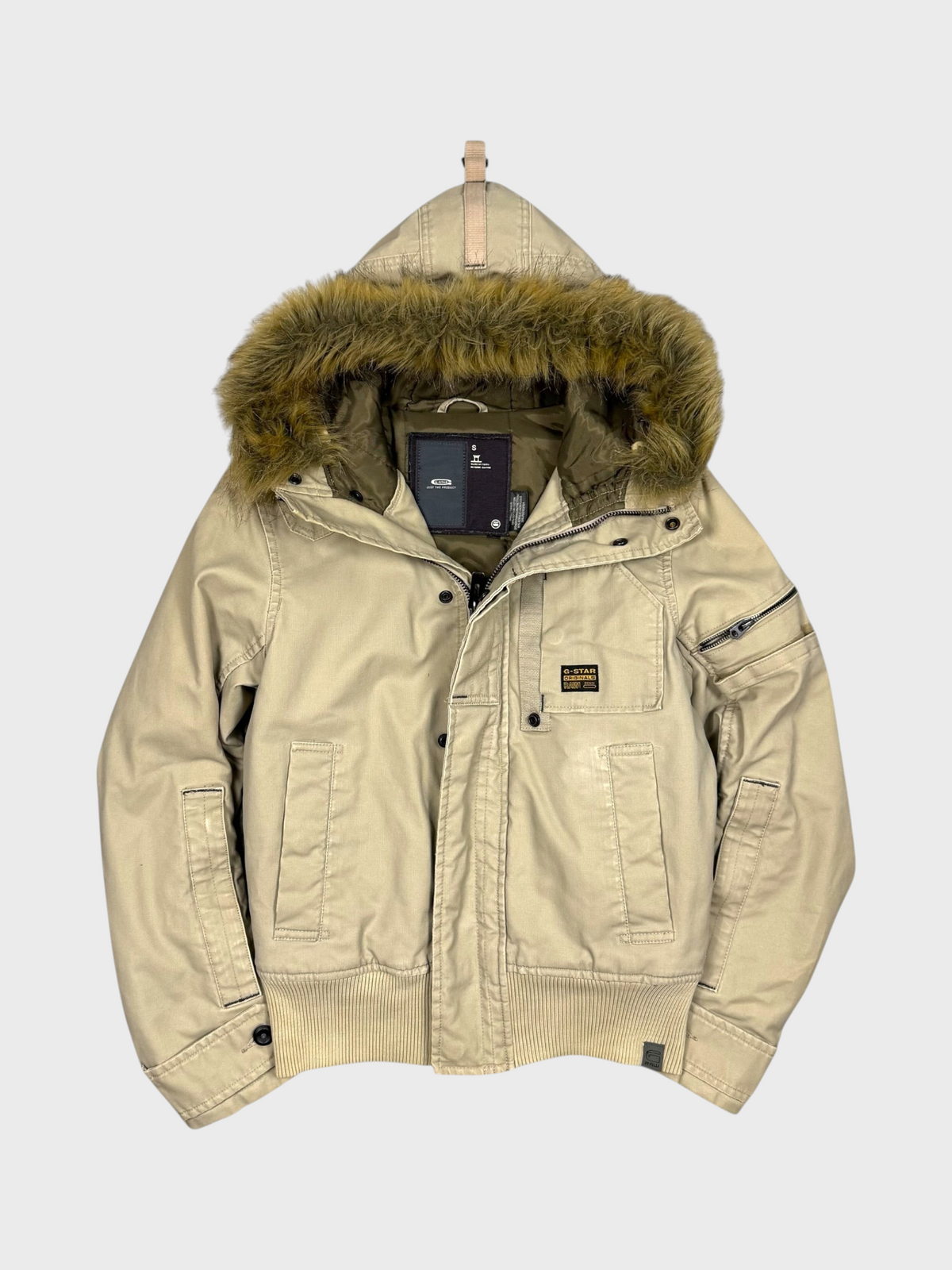 Vision Night G-Star Vintage gewachste beigefarbene Denim-Jacke mit Kapuze und Kunstfellbesatz