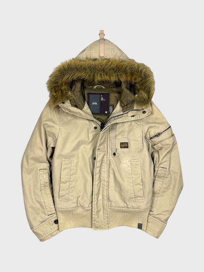 Vision Night G-Star Vintage gewachste beigefarbene Denim-Jacke mit Kapuze und Kunstfellbesatz