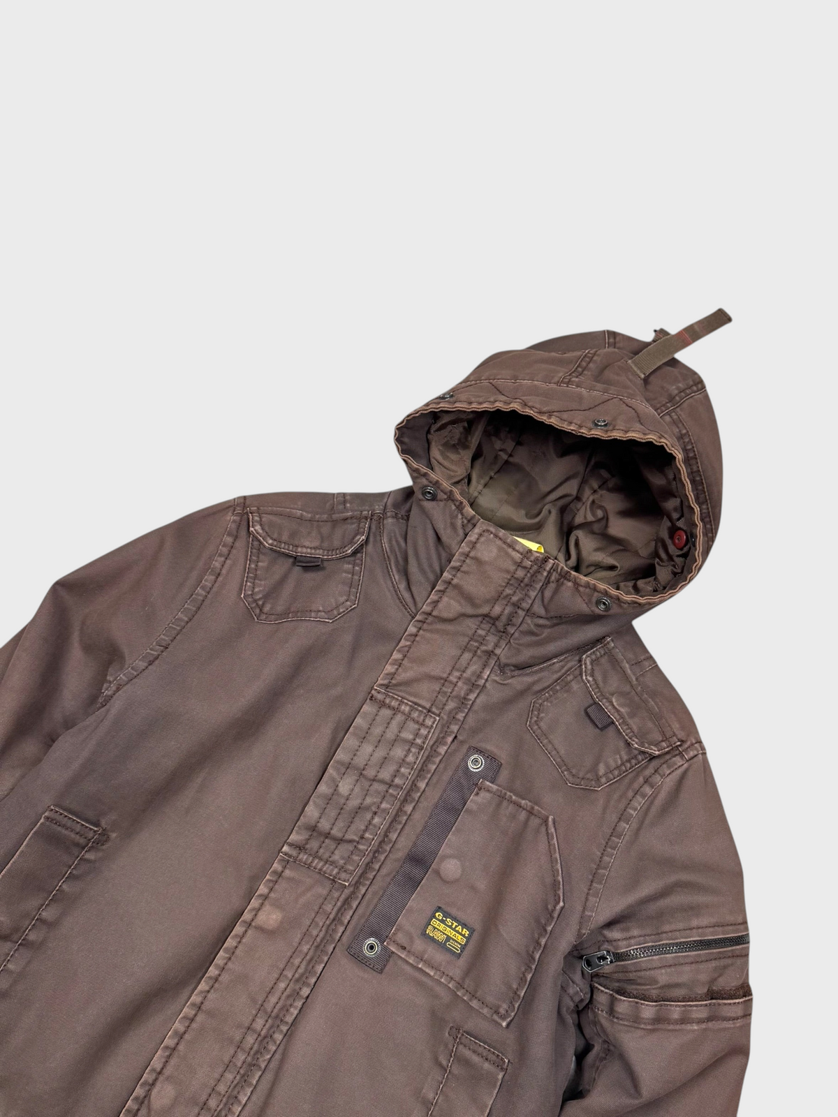 Vision Night G-Star Vintage Jacke aus gewachstem Denim in Braun mit Kapuze und Utility-Taschen im 00er-Jahre-Stil
