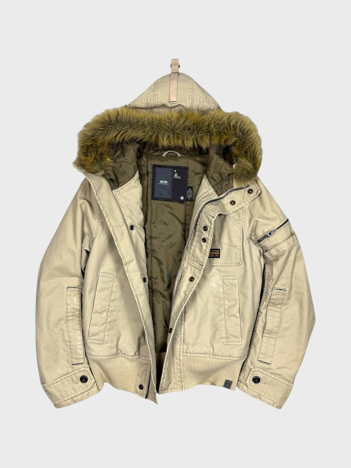 Vision Night G-Star Vintage gewachste Denim-Jacke in Beige mit Kapuze und Kunstfellbesatz, Größe S