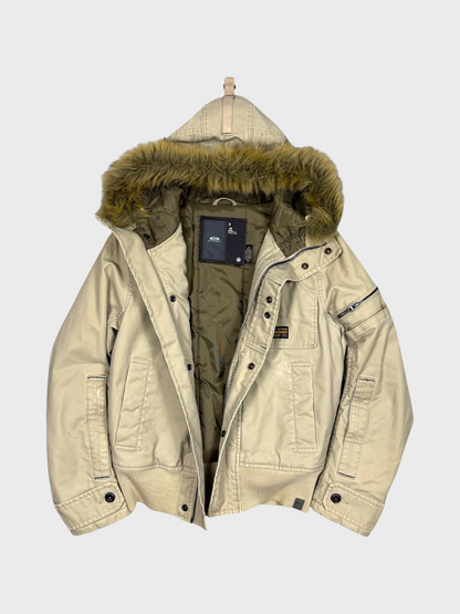 Vision Night G-Star Vintage gewachste Denim-Jacke in Beige mit Kapuze und Kunstfellbesatz, Größe S