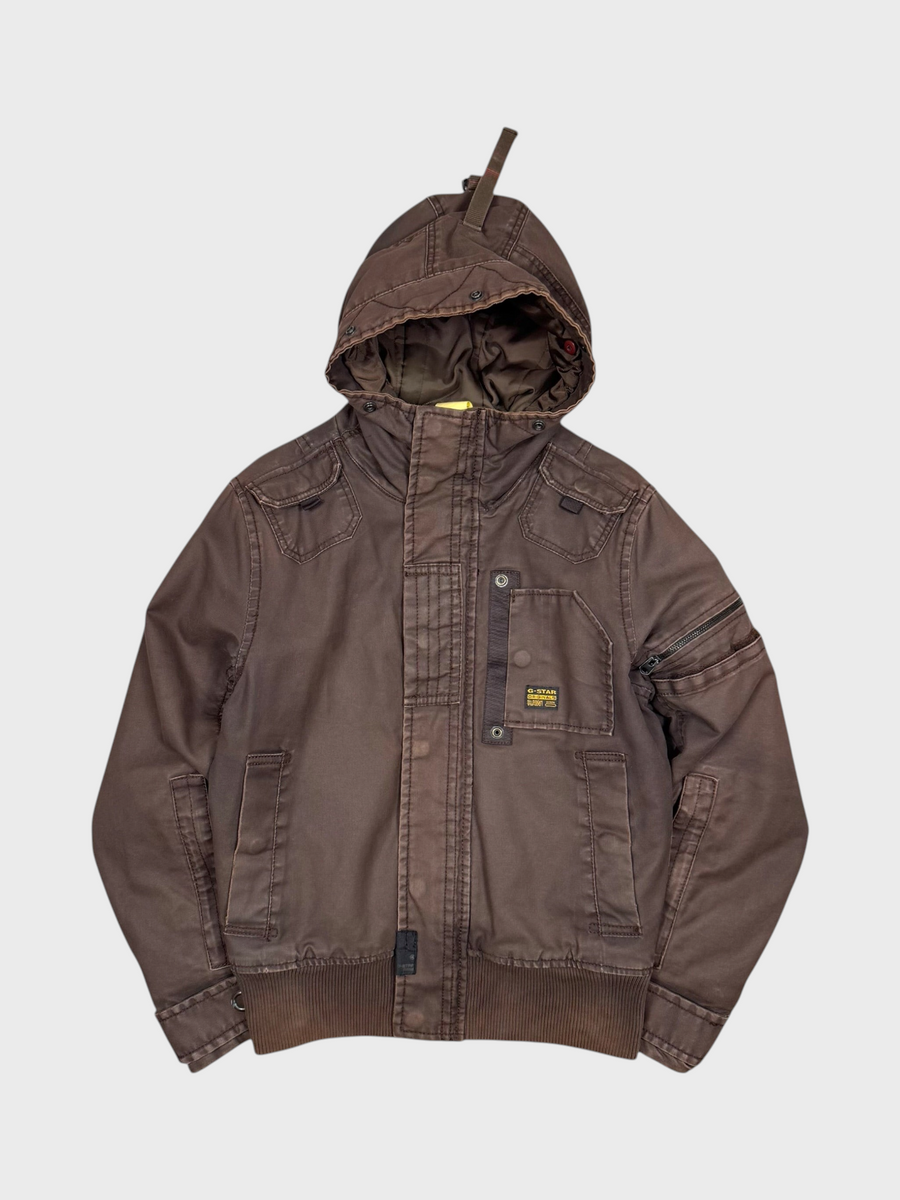 Vision Night G-Star Vintage Jacke aus gewachstem braunem Denim im 00er-Jahre-Stil mit Kapuze und Taschen
