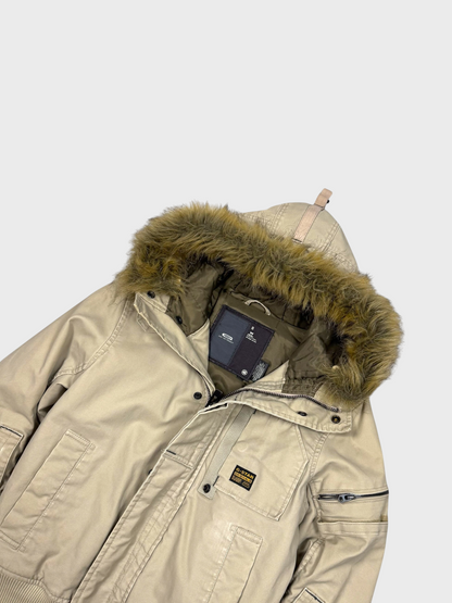 Vision Night G-Star Vintage gewachste beigefarbene Denim-Jacke mit Kunstfellkapuze und Reißverschlusstaschen