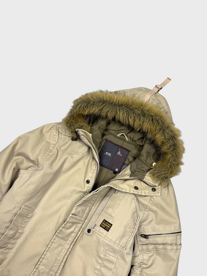 Vision Night G-Star Vintage Denimjacke in Beige mit gewachster Oberfläche und Kapuze mit Kunstfellbesatz