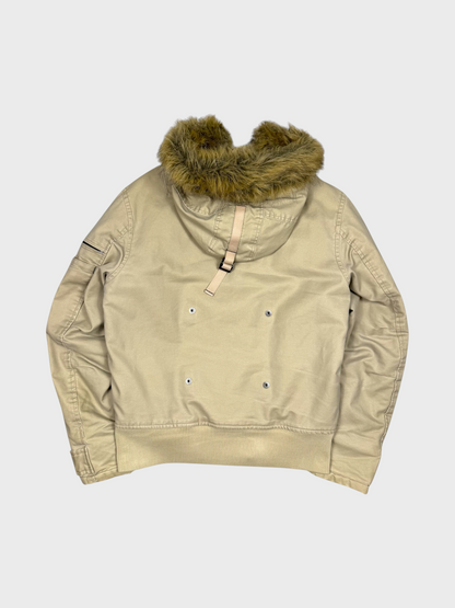 Vision Night G-Star Vintage Jacke in Beige mit gewachstem Denim und Kunstfellkragen an der Kapuze, Rückansicht