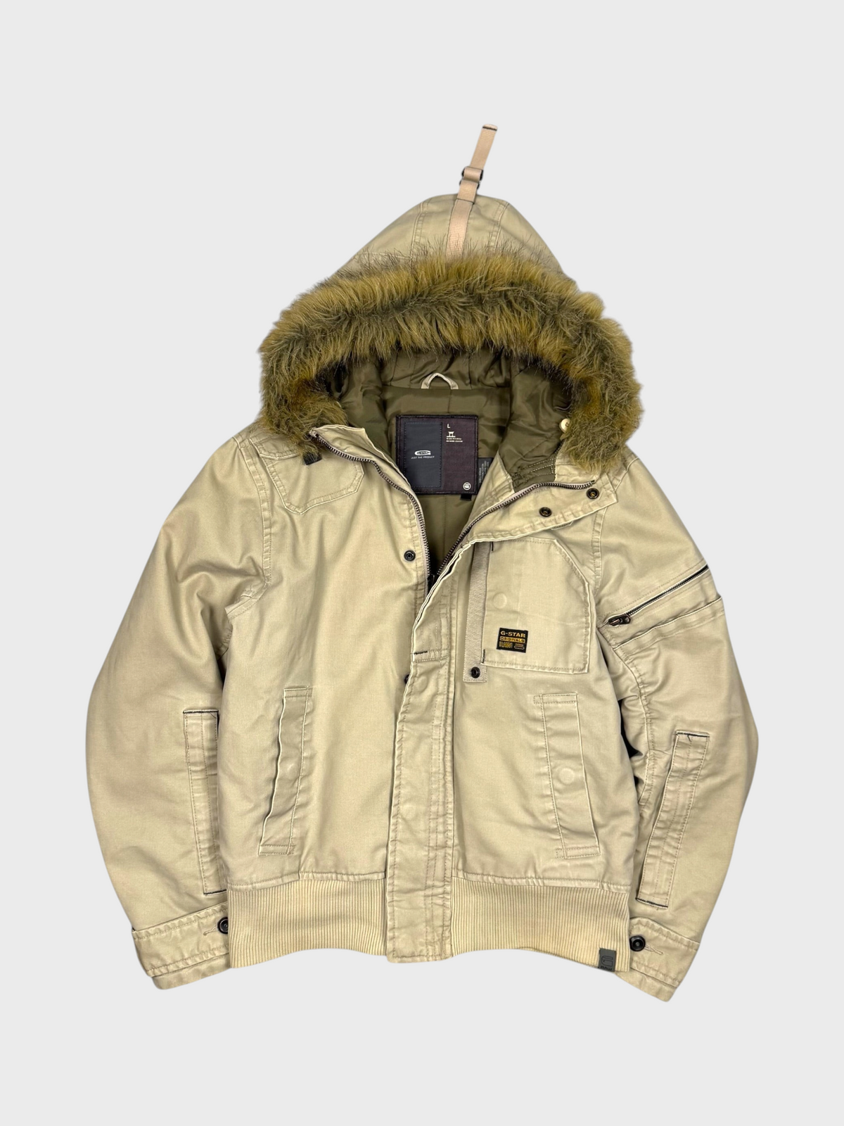 Vision Night G-Star Vintage Raw gewachste Denimjacke in Beige mit Kapuze und Kunstfellbesatz, Größe L