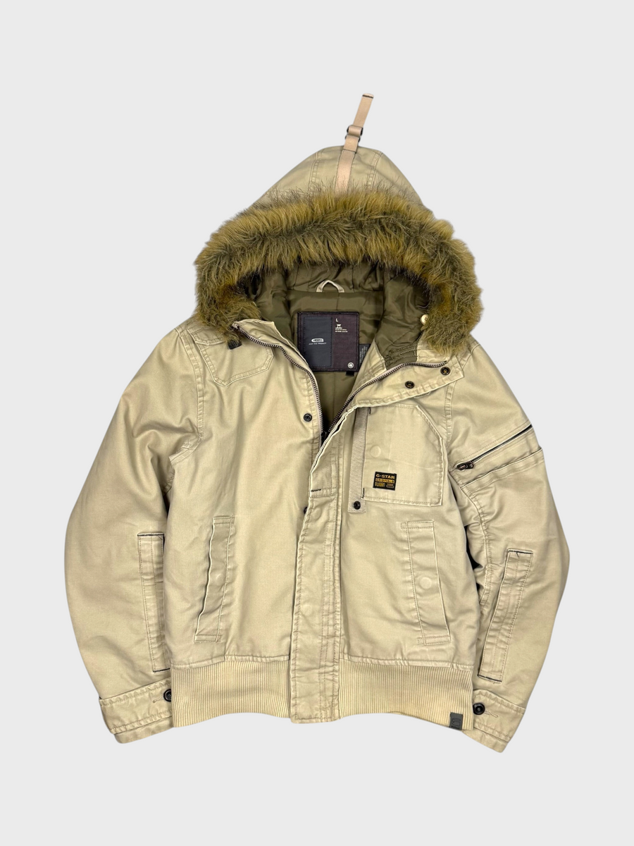 Vision Night G-Star Vintage Raw gewachste Denimjacke in Beige mit Kapuze und Kunstfellbesatz, Größe L