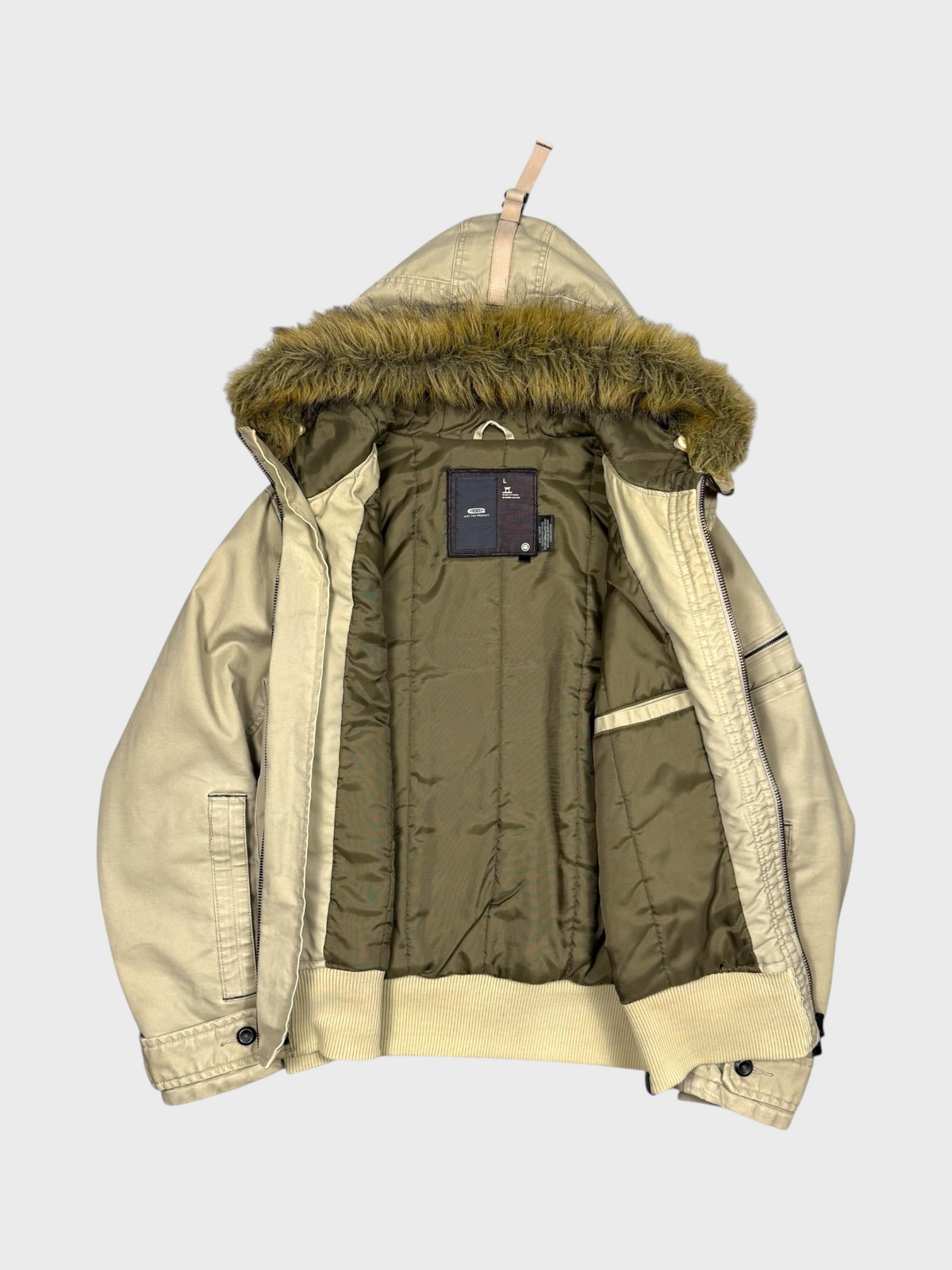 Vision Night G-Star Vintage Denimjacke in Beige mit gewachster Oberfläche, Kapuze mit Kunstfellbesatz und Grösse L